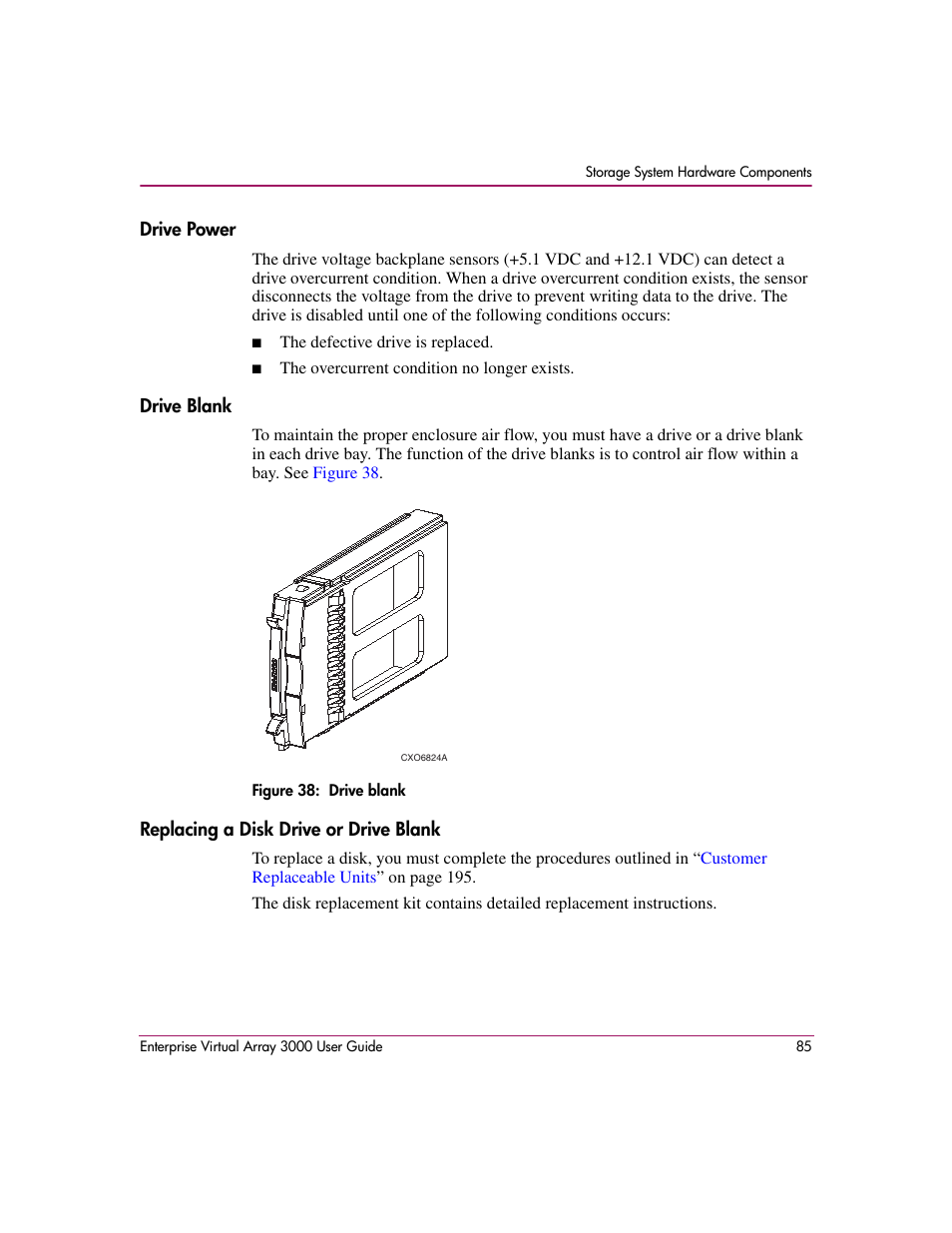 Drive power, Drive blank, Replacing a disk drive or drive blank | 38 drive blank | HP 3000 Enterprise Virtual Array User Manual | Page 85 / 244