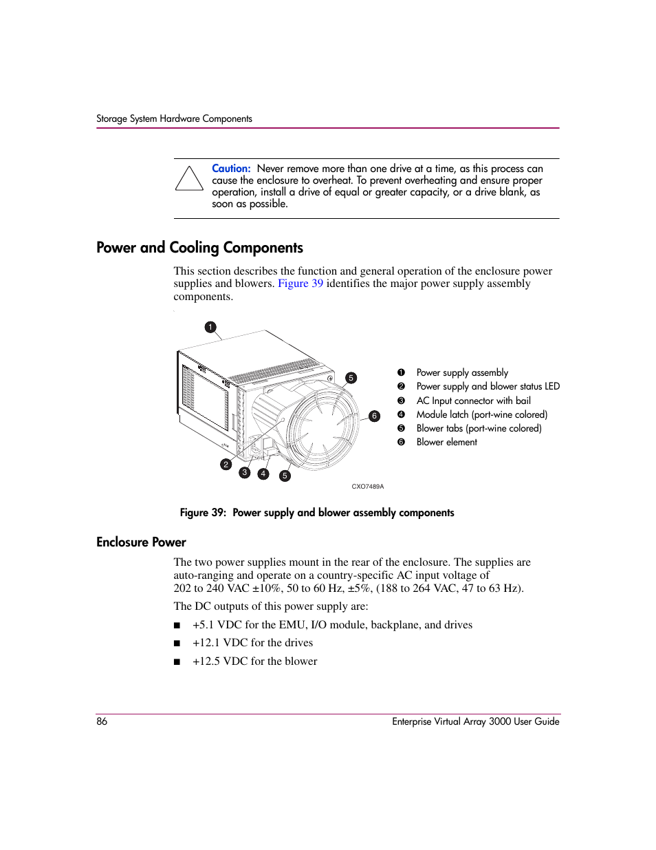 Power and cooling components, Enclosure power, 39 power supply and blower assembly components | HP 3000 Enterprise Virtual Array User Manual | Page 86 / 244