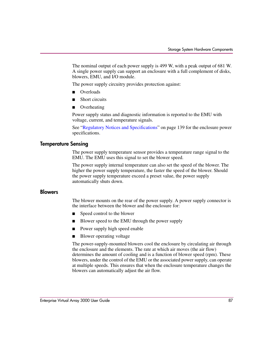 Temperature sensing, Blowers | HP 3000 Enterprise Virtual Array User Manual | Page 87 / 244