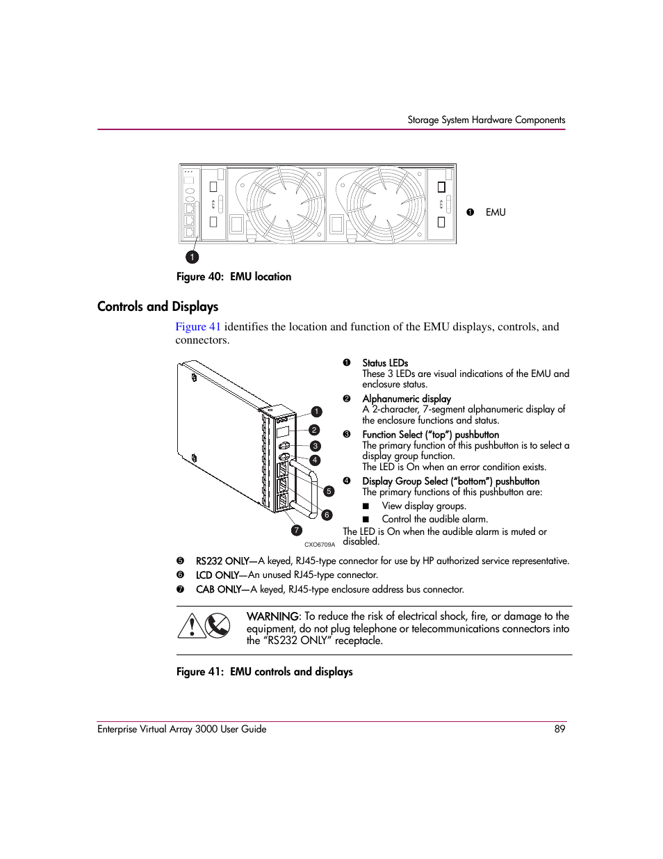 Controls and displays, 40 emu location 41 emu controls and displays, Figure 40 | HP 3000 Enterprise Virtual Array User Manual | Page 89 / 244