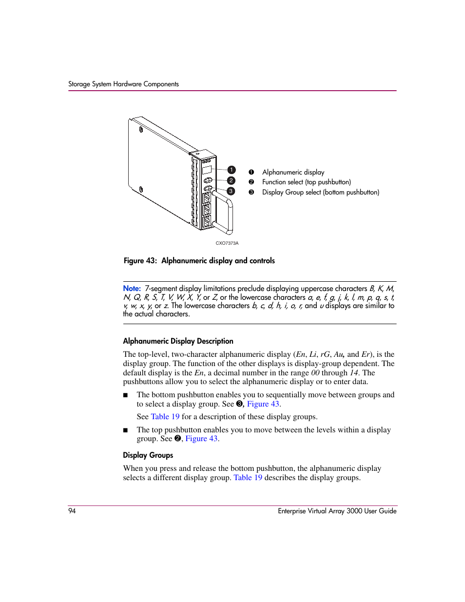 43 alphanumeric display and controls | HP 3000 Enterprise Virtual Array User Manual | Page 94 / 244