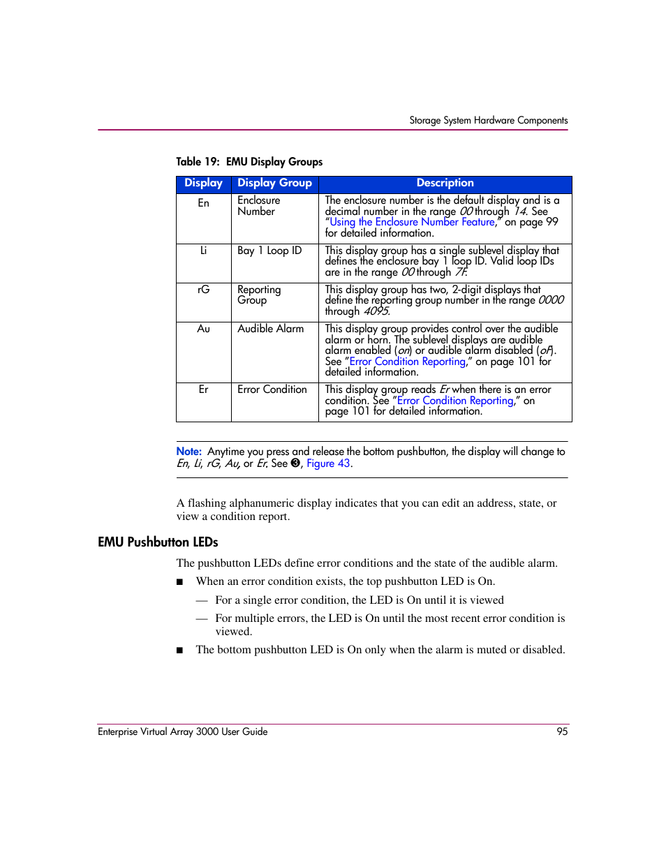 Emu pushbutton leds, 19 emu display groups, Table 19 | HP 3000 Enterprise Virtual Array User Manual | Page 95 / 244