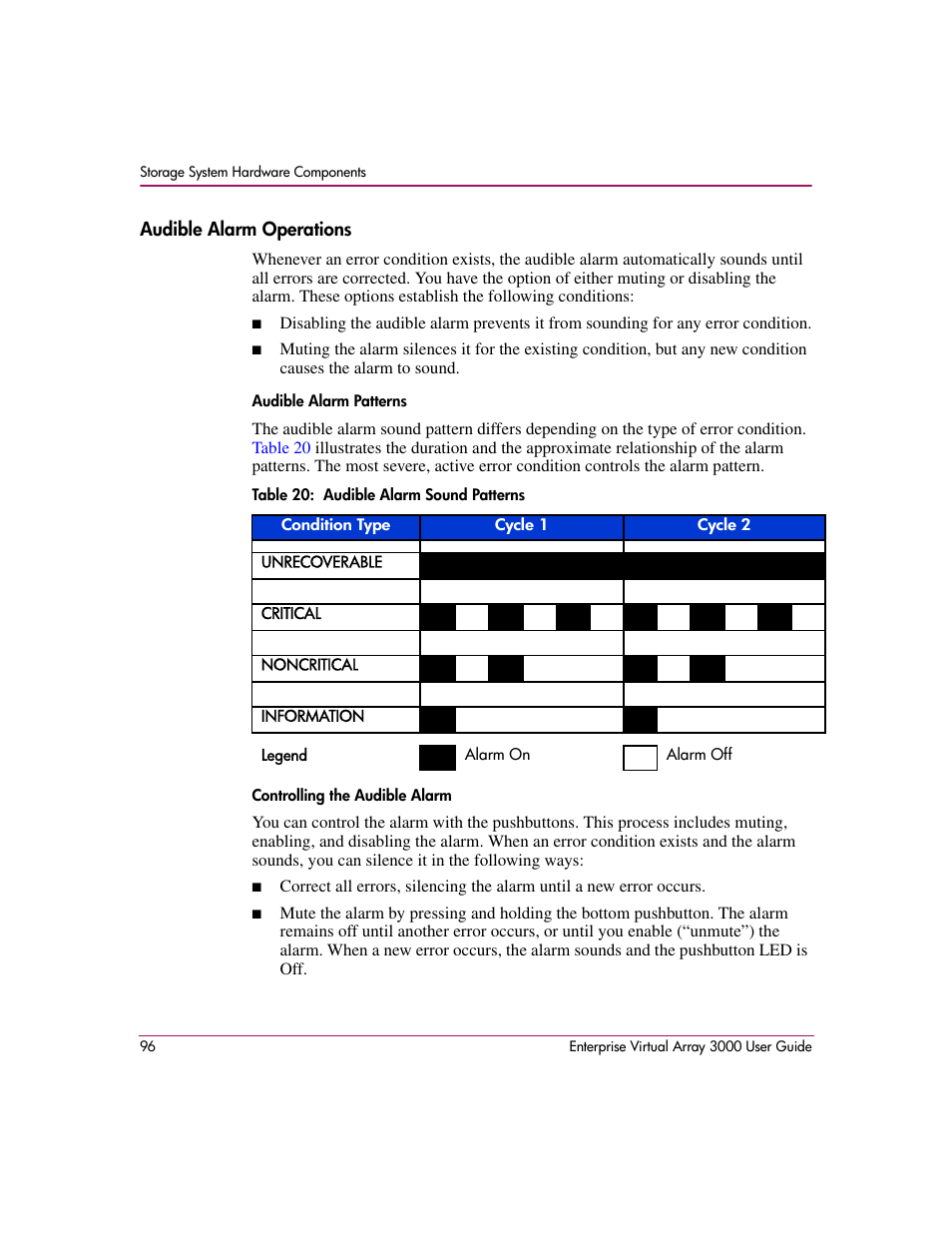 Audible alarm operations, 20 audible alarm sound patterns | HP 3000 Enterprise Virtual Array User Manual | Page 96 / 244