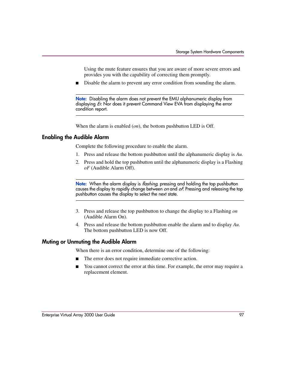 Enabling the audible alarm, Muting or unmuting the audible alarm | HP 3000 Enterprise Virtual Array User Manual | Page 97 / 244