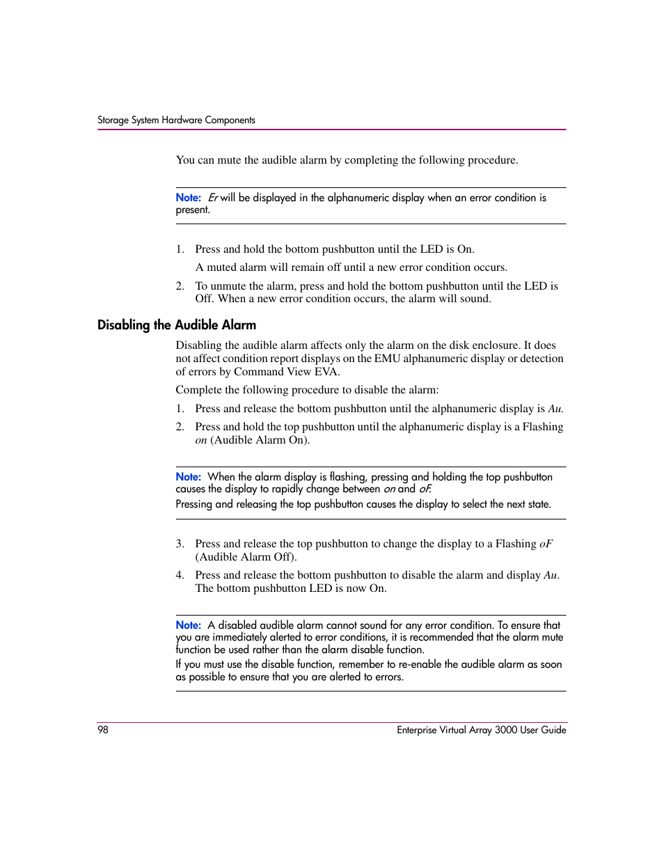 Disabling the audible alarm | HP 3000 Enterprise Virtual Array User Manual | Page 98 / 244