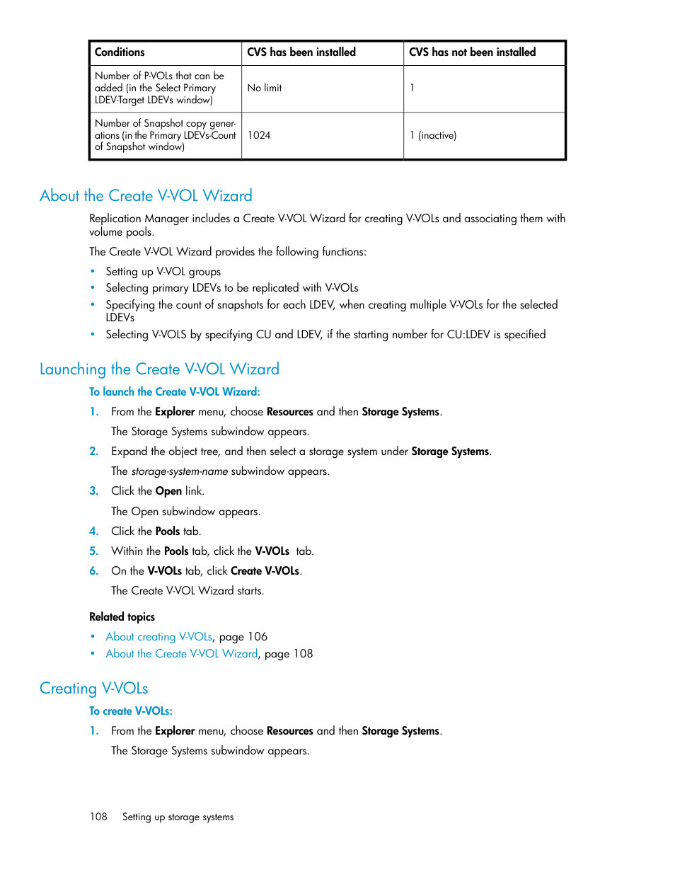 About the create v-vol wizard, Launching the create v-vol wizard, Creating v-vols | 108 launching the create v-vol wizard, 108 creating v-vols | HP XP P9000 Command View Advanced Edition Software User Manual | Page 108 / 468