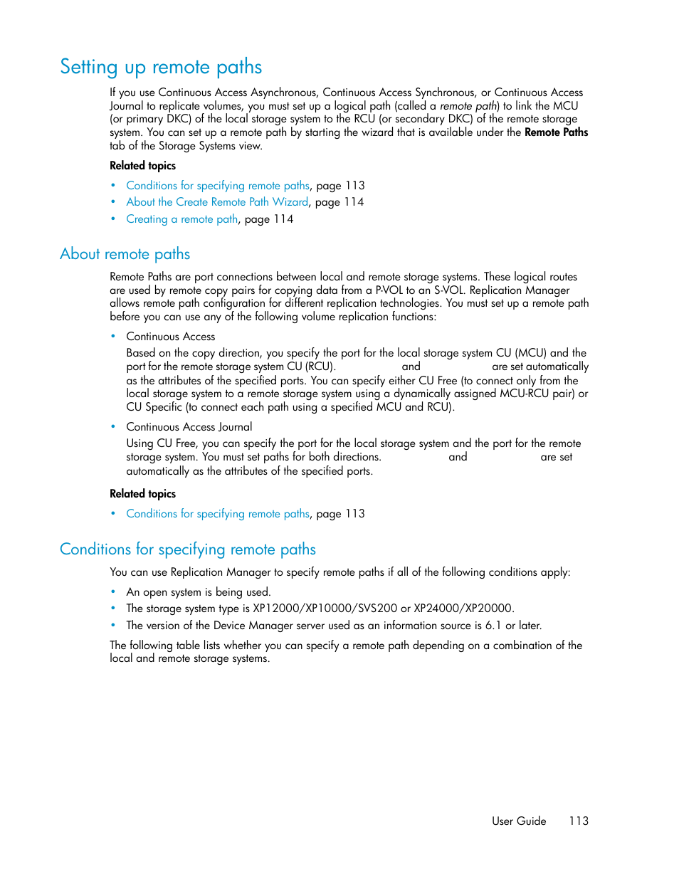 Setting up remote paths, About remote paths, Conditions for specifying remote paths | HP XP P9000 Command View Advanced Edition Software User Manual | Page 113 / 468