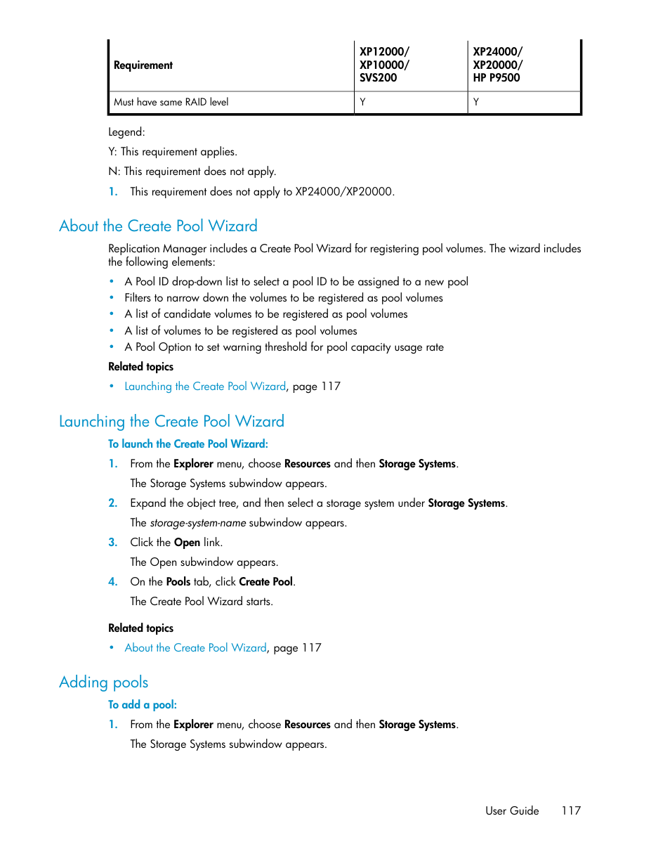 About the create pool wizard, Launching the create pool wizard, Adding pools | 117 launching the create pool wizard, 117 adding pools | HP XP P9000 Command View Advanced Edition Software User Manual | Page 117 / 468