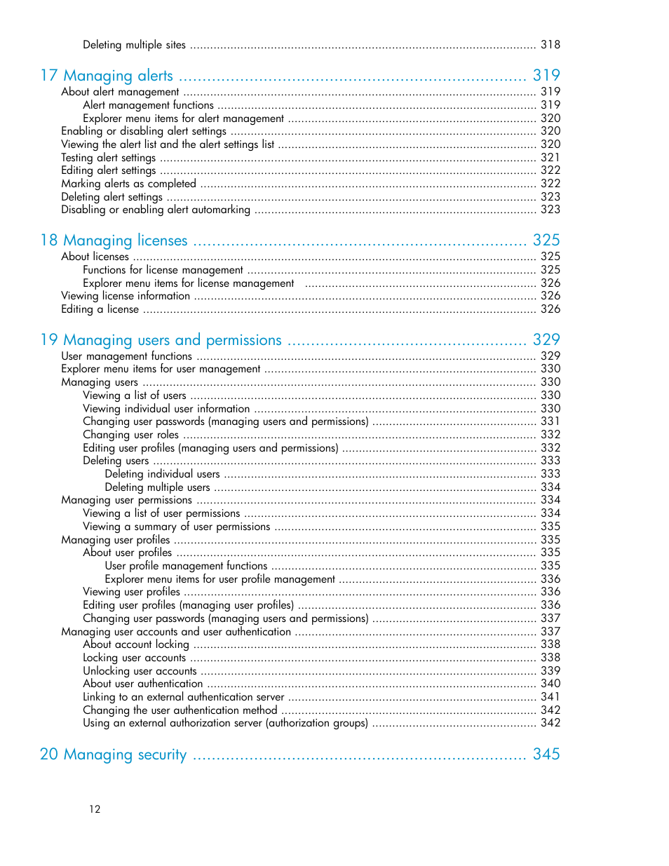 17 managing alerts, 18 managing licenses, 19 managing users and permissions | 20 managing security | HP XP P9000 Command View Advanced Edition Software User Manual | Page 12 / 468