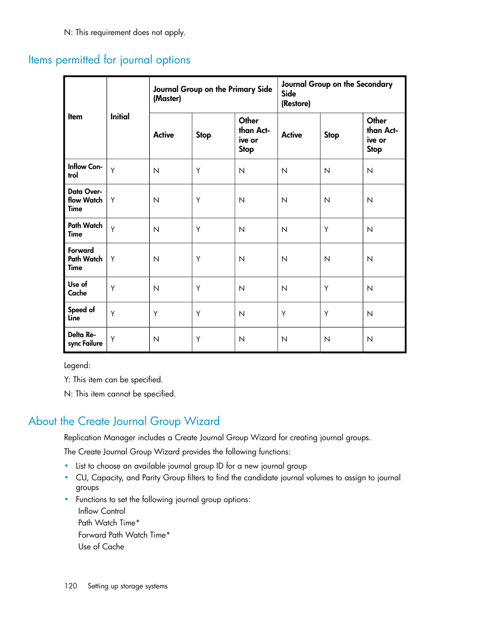 Items permitted for journal options, About the create journal group wizard, 120 about the create journal group wizard | Items permitted for journal, Options | HP XP P9000 Command View Advanced Edition Software User Manual | Page 120 / 468