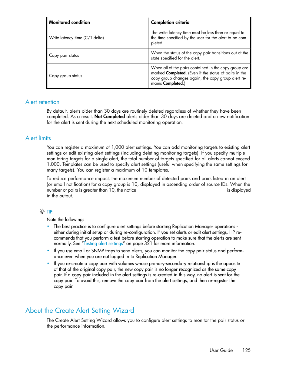 Alert retention, Alert limits, About the create alert setting wizard | 125 alert limits | HP XP P9000 Command View Advanced Edition Software User Manual | Page 125 / 468