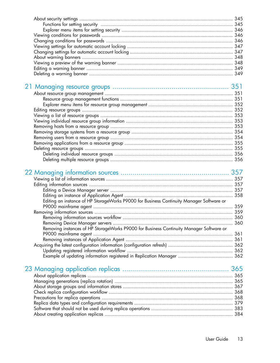 21 managing resource groups, 22 managing information sources, 23 managing application replicas | HP XP P9000 Command View Advanced Edition Software User Manual | Page 13 / 468