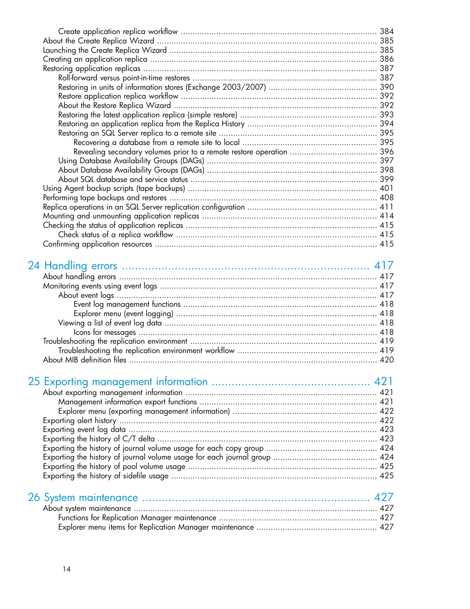 24 handling errors, 25 exporting management information, 26 system maintenance | HP XP P9000 Command View Advanced Edition Software User Manual | Page 14 / 468