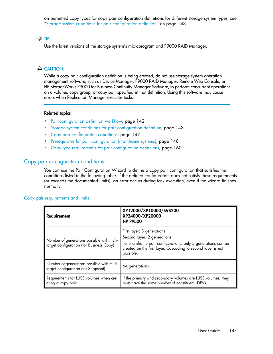 Copy pair configuration conditions, Copy pair configuration, Conditions | HP XP P9000 Command View Advanced Edition Software User Manual | Page 147 / 468