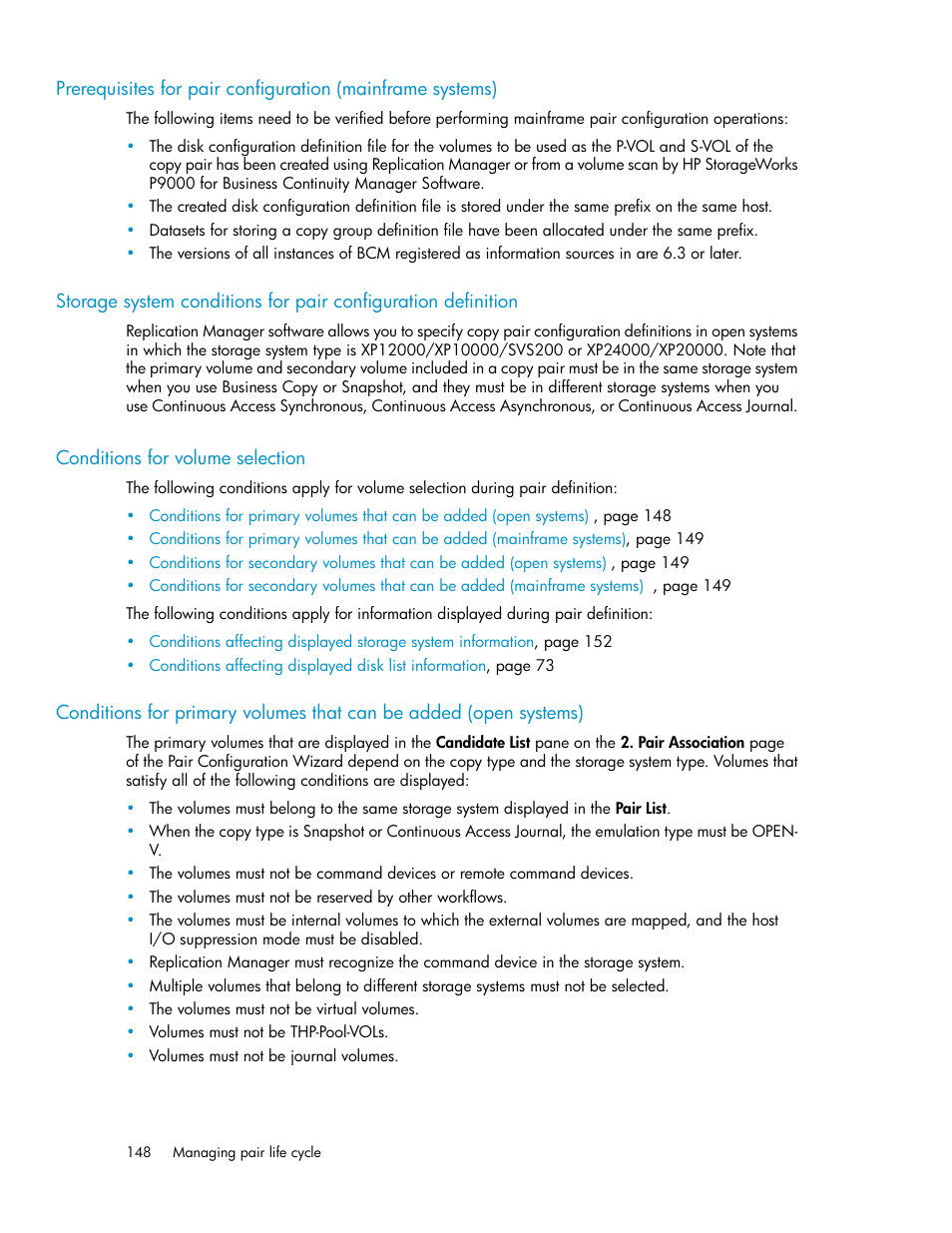 Conditions for volume selection, 148 conditions for volume selection, Prerequisites for pair configuration | Mainframe systems) | HP XP P9000 Command View Advanced Edition Software User Manual | Page 148 / 468