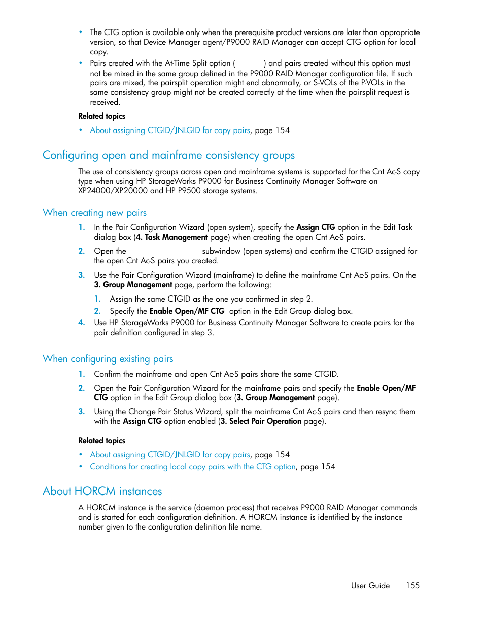 Configuring open and mainframe consistency groups, About horcm instances, 155 about horcm instances | HP XP P9000 Command View Advanced Edition Software User Manual | Page 155 / 468