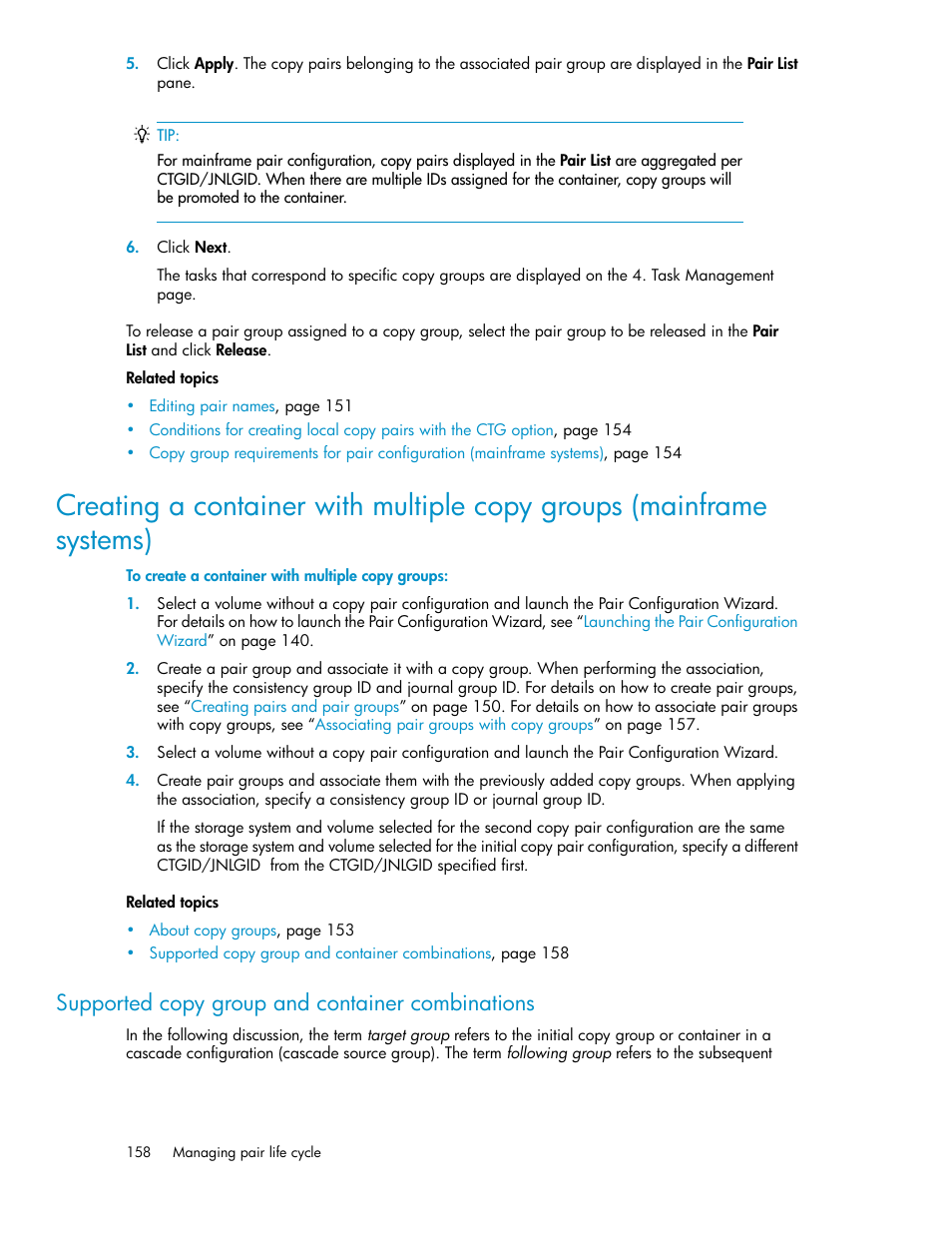 Supported copy group and container combinations | HP XP P9000 Command View Advanced Edition Software User Manual | Page 158 / 468