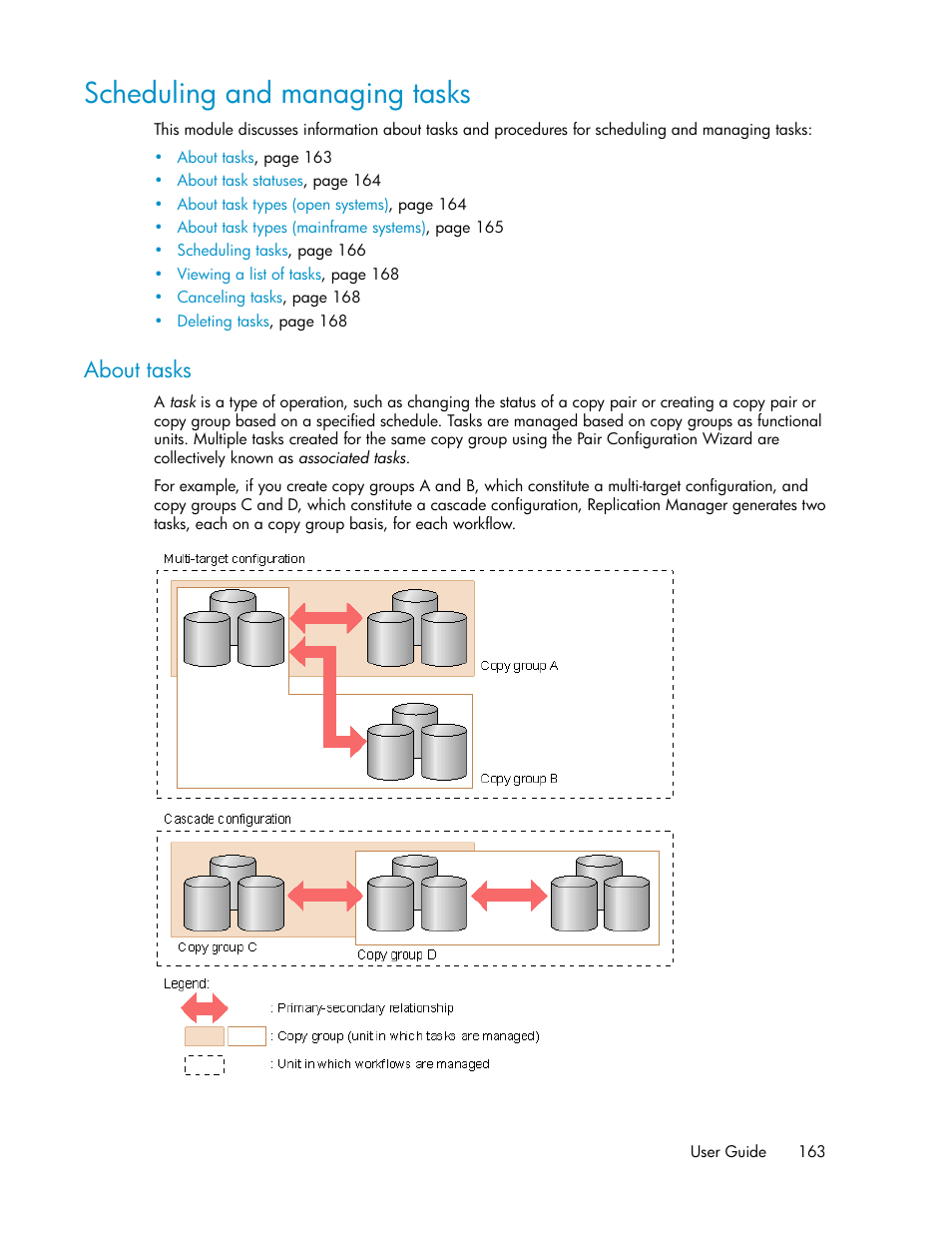 Scheduling and managing tasks, About tasks | HP XP P9000 Command View Advanced Edition Software User Manual | Page 163 / 468