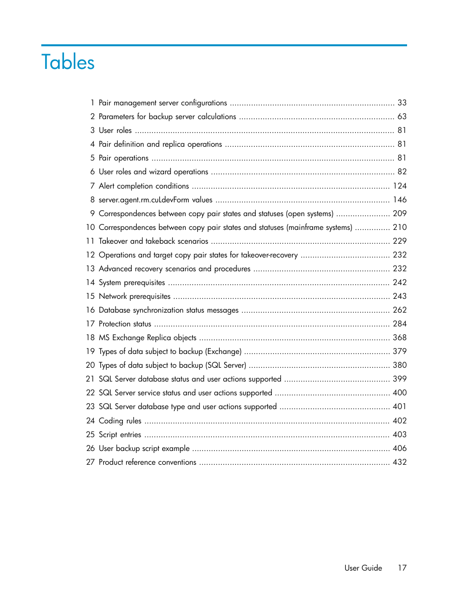 Tables | HP XP P9000 Command View Advanced Edition Software User Manual | Page 17 / 468