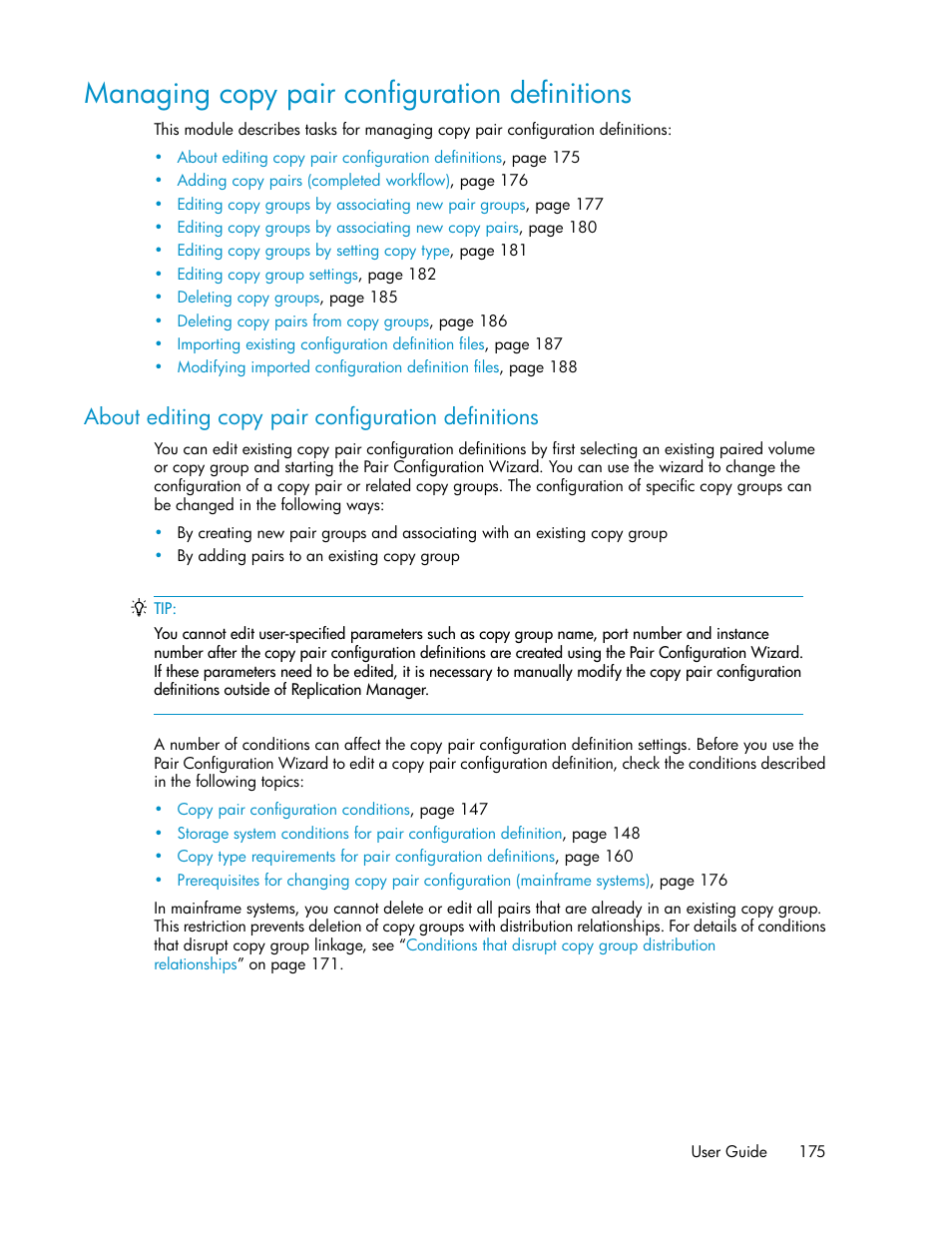 Managing copy pair configuration definitions, About editing copy pair configuration definitions | HP XP P9000 Command View Advanced Edition Software User Manual | Page 175 / 468