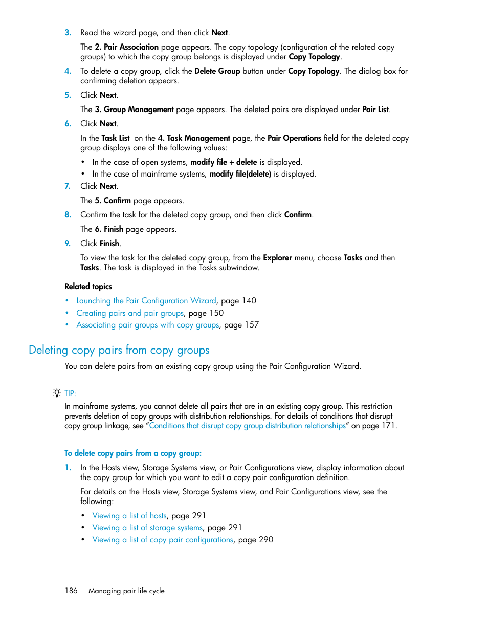 Deleting copy pairs from copy groups | HP XP P9000 Command View Advanced Edition Software User Manual | Page 186 / 468