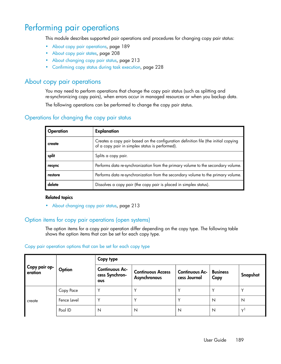 Performing pair operations, About copy pair operations | HP XP P9000 Command View Advanced Edition Software User Manual | Page 189 / 468