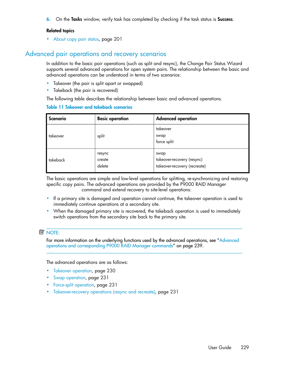 Advanced pair operations and recovery scenarios, Takeover and takeback scenarios, Advanced | Pair operations and recovery scenarios | HP XP P9000 Command View Advanced Edition Software User Manual | Page 229 / 468