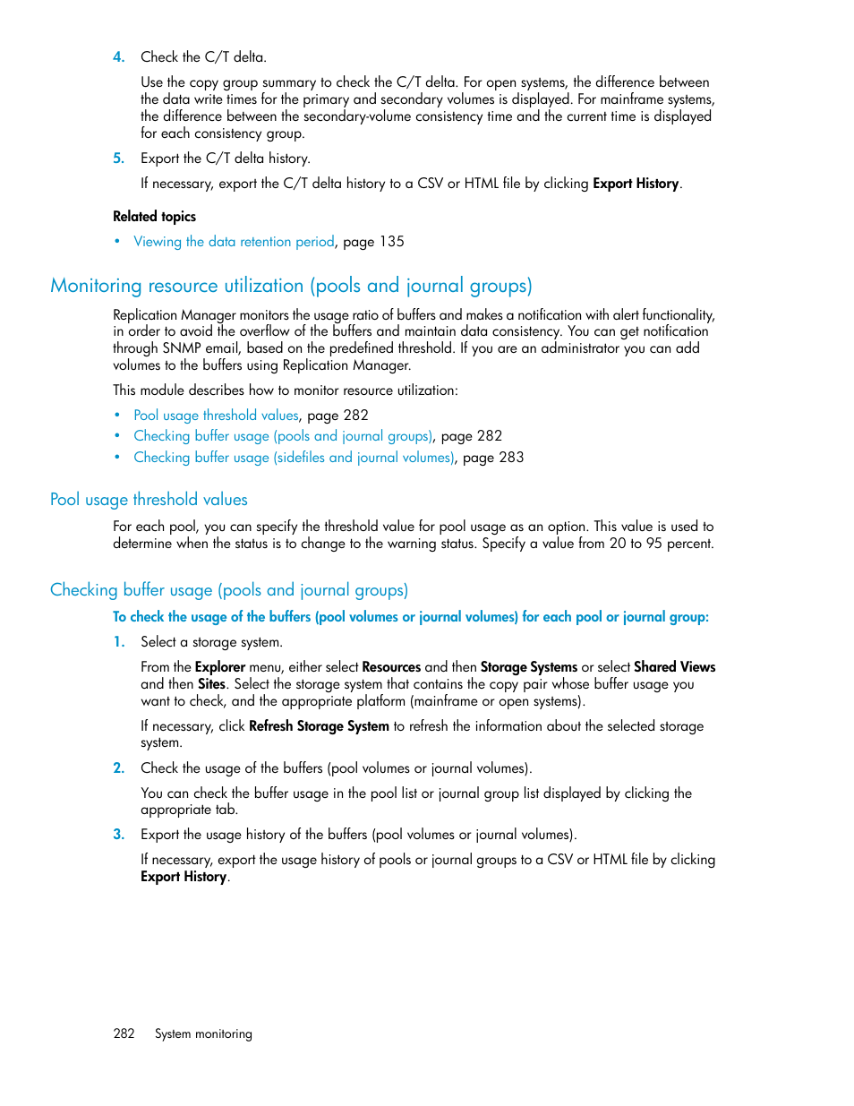 Pool usage threshold values, Checking buffer usage (pools and journal groups) | HP XP P9000 Command View Advanced Edition Software User Manual | Page 282 / 468