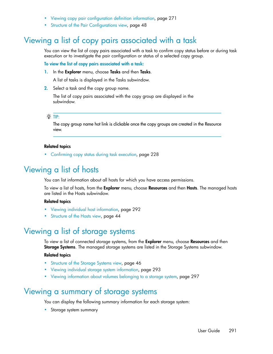 Viewing a list of hosts, Viewing a list of storage systems, Viewing a summary of storage systems | 291 viewing a list of hosts, 291 viewing a list of storage systems, 291 viewing a summary of storage systems | HP XP P9000 Command View Advanced Edition Software User Manual | Page 291 / 468