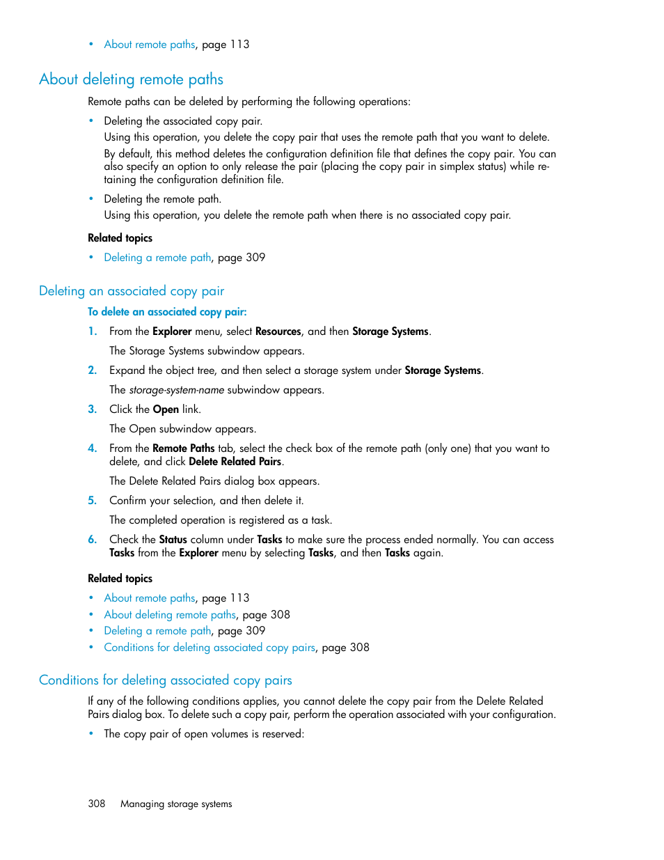 About deleting remote paths, Deleting an associated copy pair, Conditions for deleting associated copy pairs | 308 conditions for deleting associated copy pairs | HP XP P9000 Command View Advanced Edition Software User Manual | Page 308 / 468