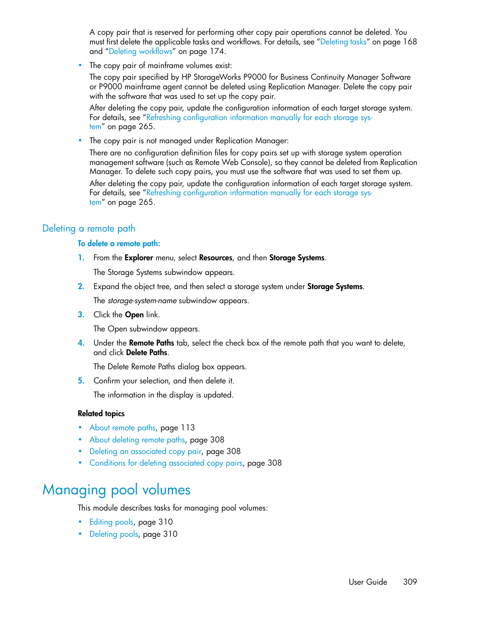 Deleting a remote path, Managing pool volumes | HP XP P9000 Command View Advanced Edition Software User Manual | Page 309 / 468