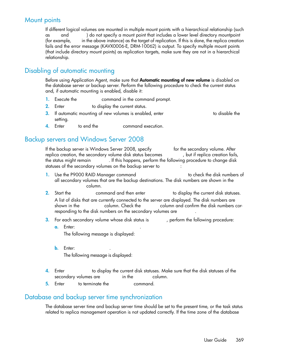 Mount points, Disabling of automatic mounting, Backup servers and windows server 2008 | Database and backup server time synchronization | HP XP P9000 Command View Advanced Edition Software User Manual | Page 369 / 468