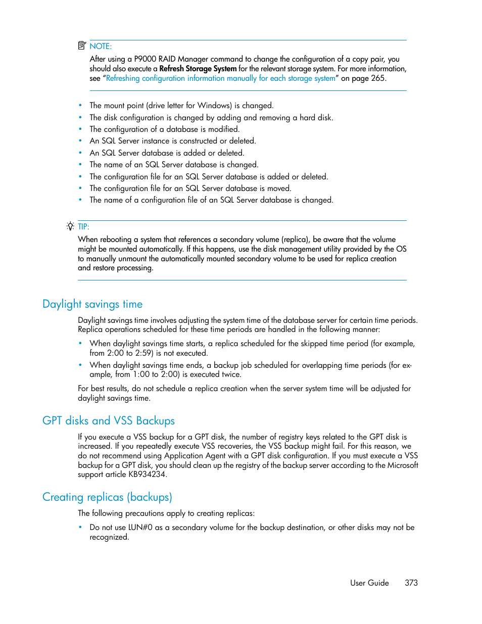 Daylight savings time, Gpt disks and vss backups, Creating replicas (backups) | HP XP P9000 Command View Advanced Edition Software User Manual | Page 373 / 468