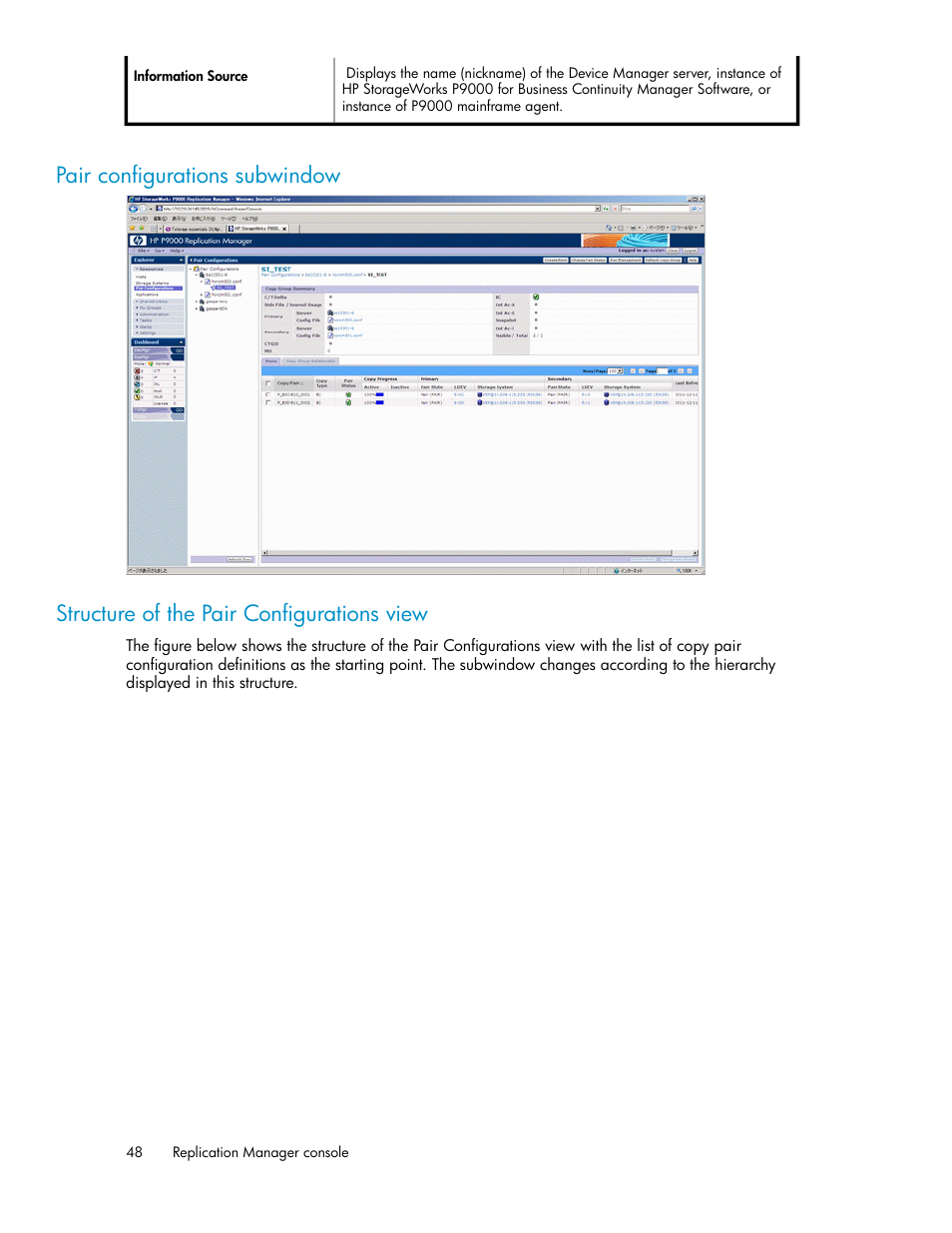 Pair configurations subwindow, Structure of the pair configurations view | HP XP P9000 Command View Advanced Edition Software User Manual | Page 48 / 468