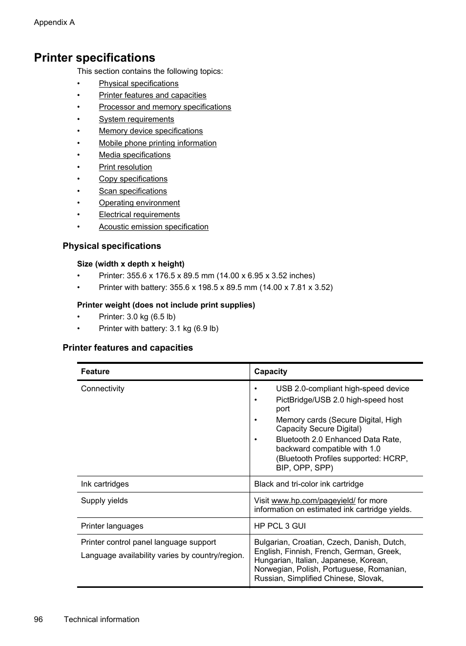 Printer specifications, Physical specifications, Printer features and capacities | HP Officejet 150 Mobile All-in-One Printer - L511a User Manual | Page 100 / 138
