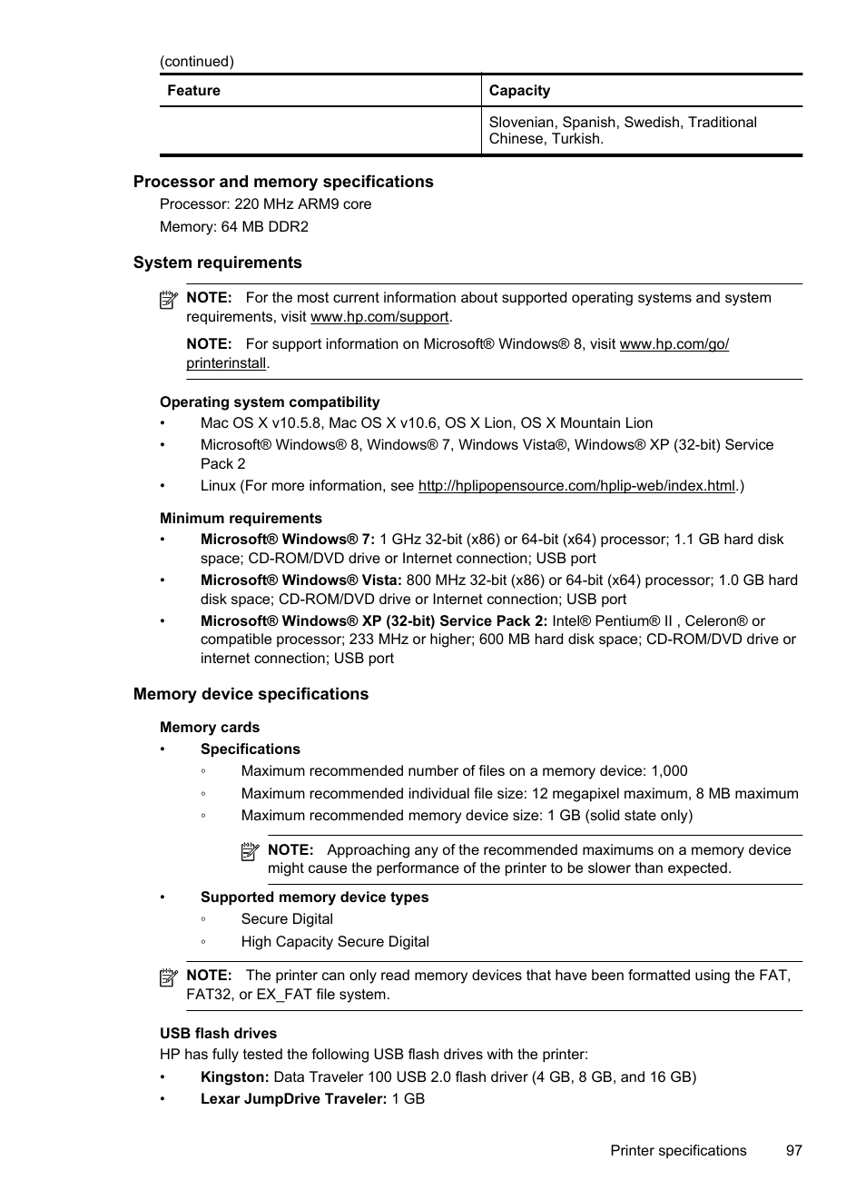 Processor and memory specifications, System requirements, Memory device specifications | See memory device specifications, See system requirements | HP Officejet 150 Mobile All-in-One Printer - L511a User Manual | Page 101 / 138