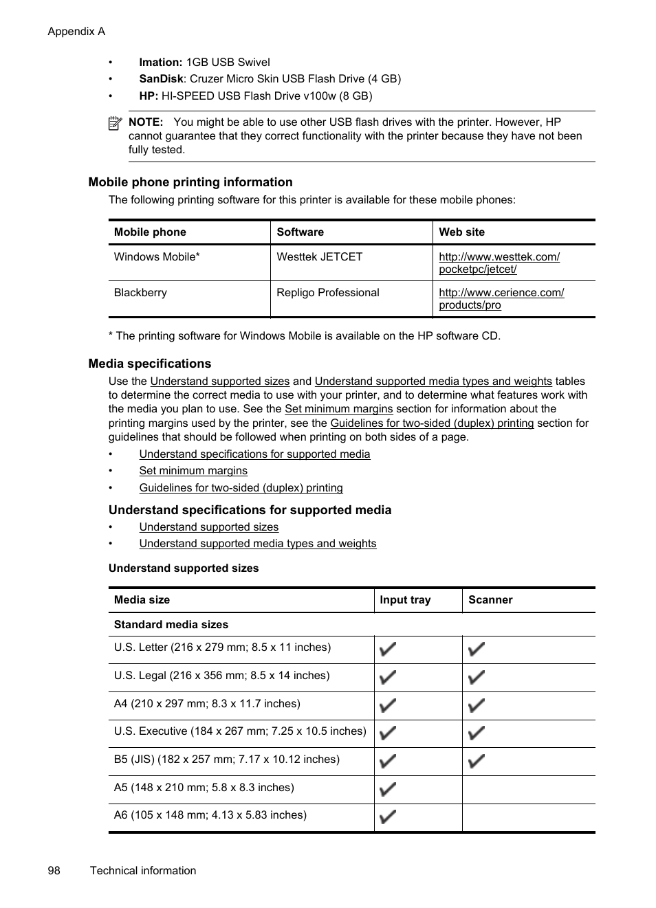 Mobile phone printing information, Media specifications, Understand specifications for supported media | E mobile phone printing information, See media specifications, E media specifications fo, E media specifications | HP Officejet 150 Mobile All-in-One Printer - L511a User Manual | Page 102 / 138