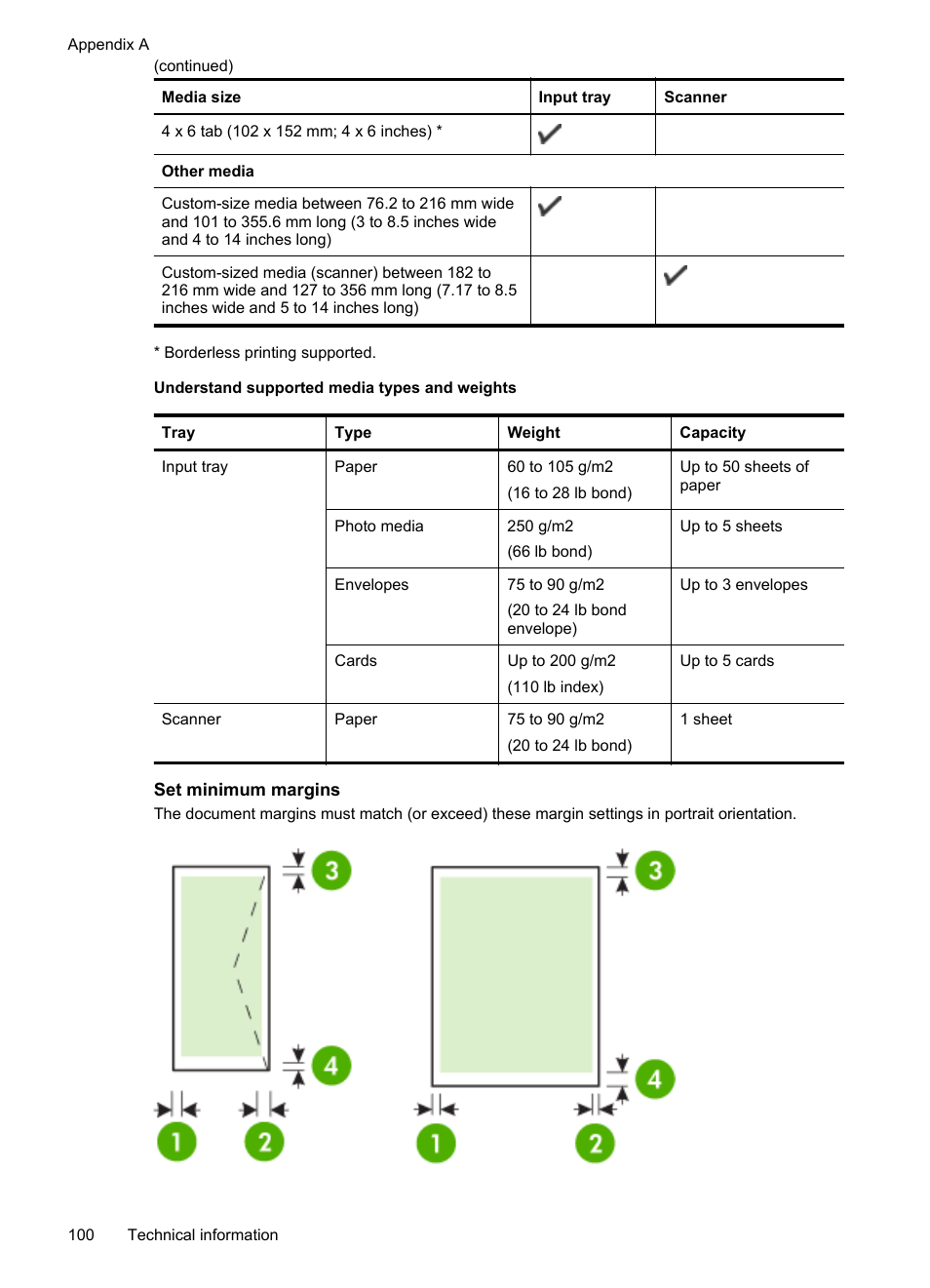 Set minimum margins, Understand supported media types and weights, E the set minimum margins | HP Officejet 150 Mobile All-in-One Printer - L511a User Manual | Page 104 / 138