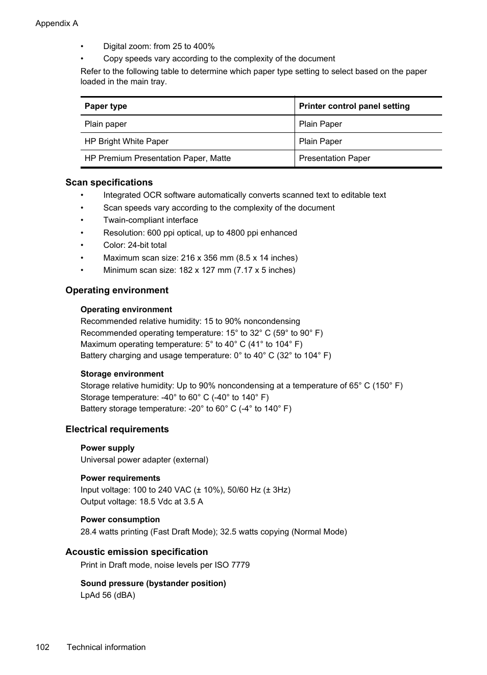 Scan specifications, Operating environment, Electrical requirements | Acoustic emission specification, E electrical requirements | HP Officejet 150 Mobile All-in-One Printer - L511a User Manual | Page 106 / 138
