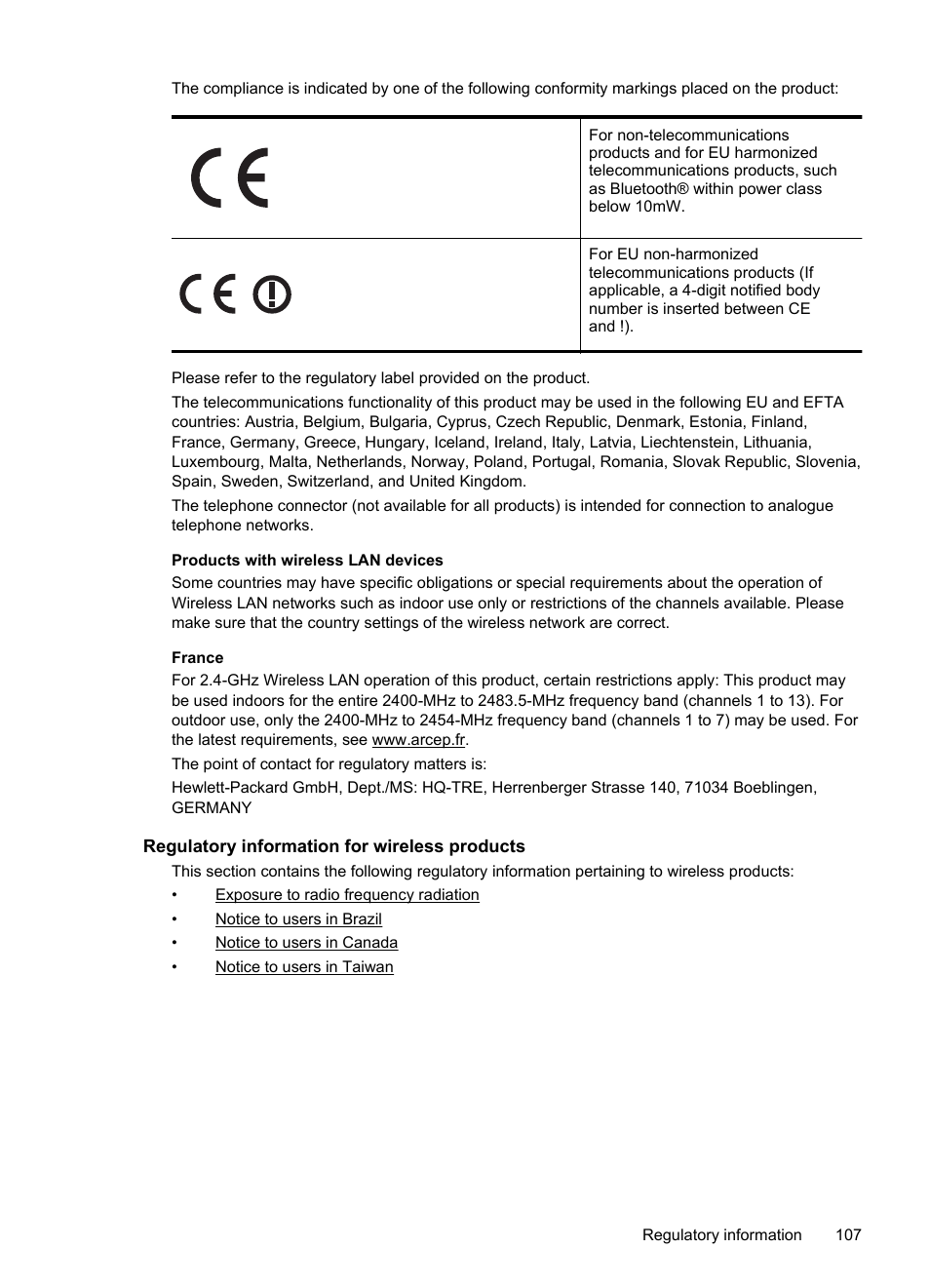 Regulatory information for wireless products | HP Officejet 150 Mobile All-in-One Printer - L511a User Manual | Page 111 / 138