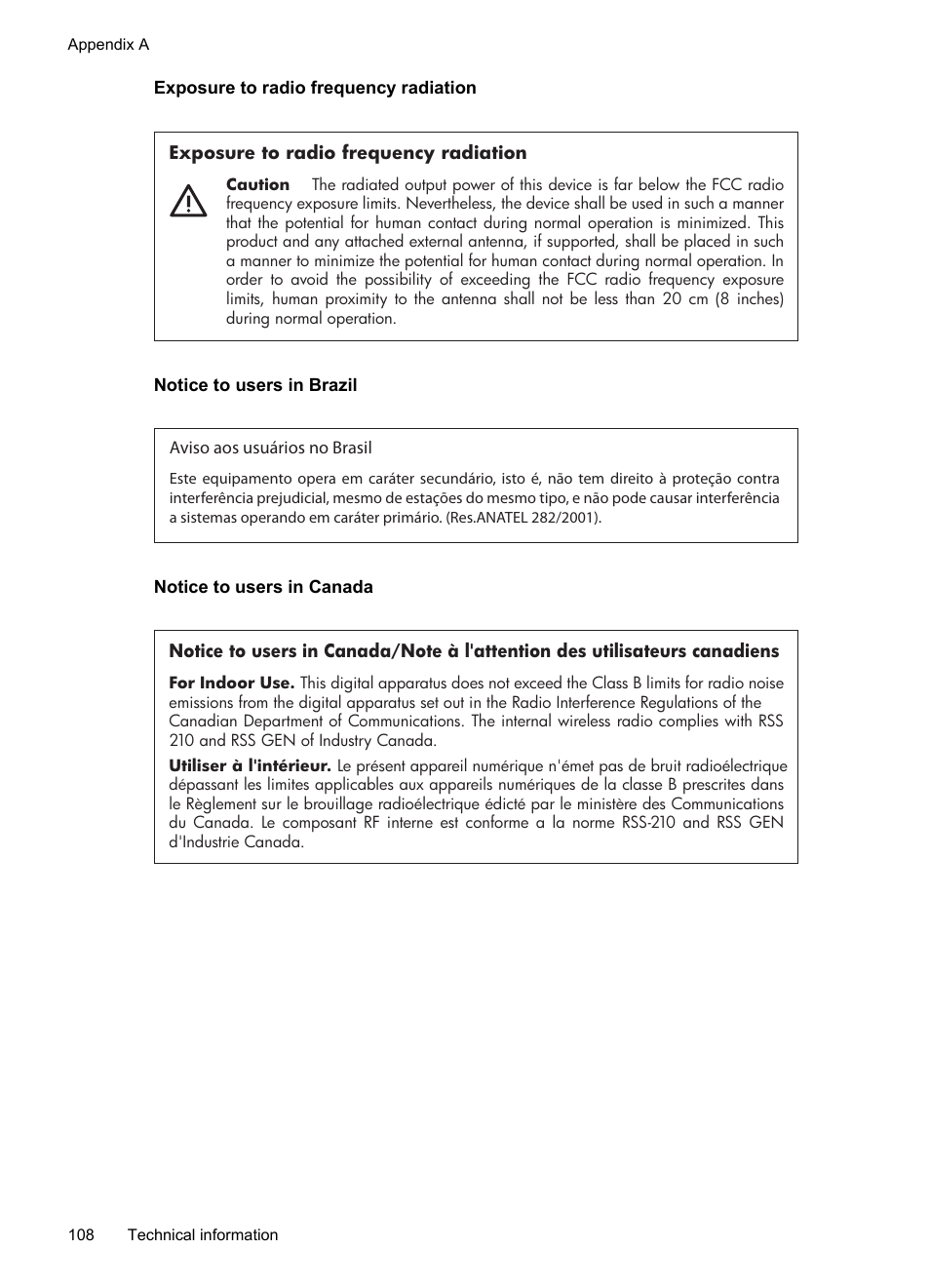 Exposure to radio frequency radiation, Notice to users in brazil, Notice to users in canada | HP Officejet 150 Mobile All-in-One Printer - L511a User Manual | Page 112 / 138