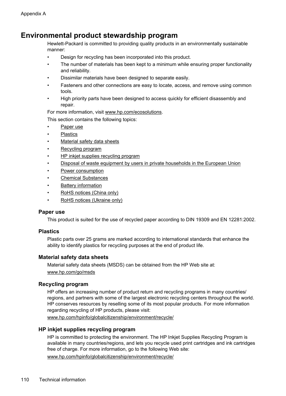 Environmental product stewardship program, Paper use, Plastics | Material safety data sheets, Recycling program, Hp inkjet supplies recycling program | HP Officejet 150 Mobile All-in-One Printer - L511a User Manual | Page 114 / 138