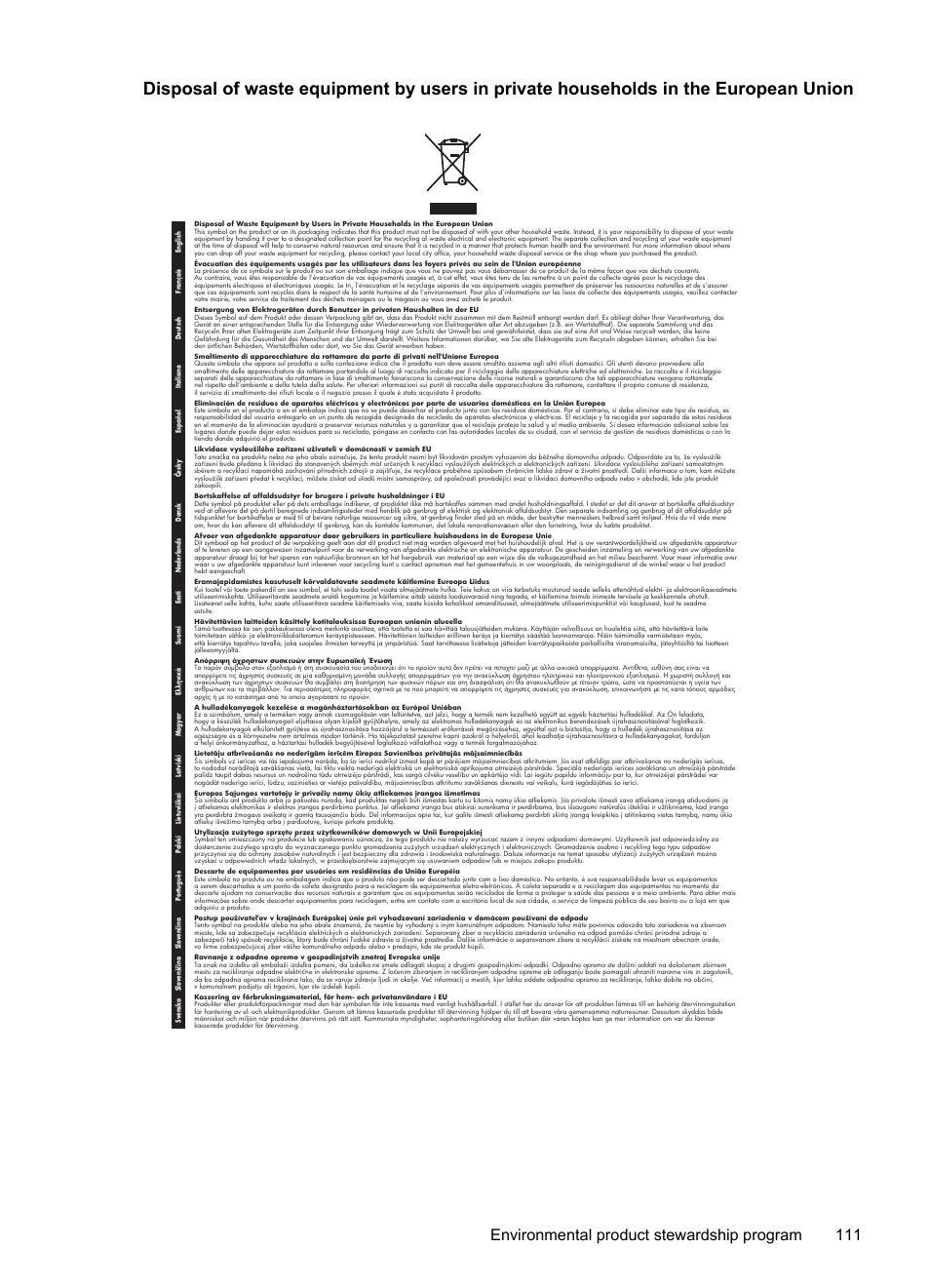 Environmental product stewardship program 111 | HP Officejet 150 Mobile All-in-One Printer - L511a User Manual | Page 115 / 138