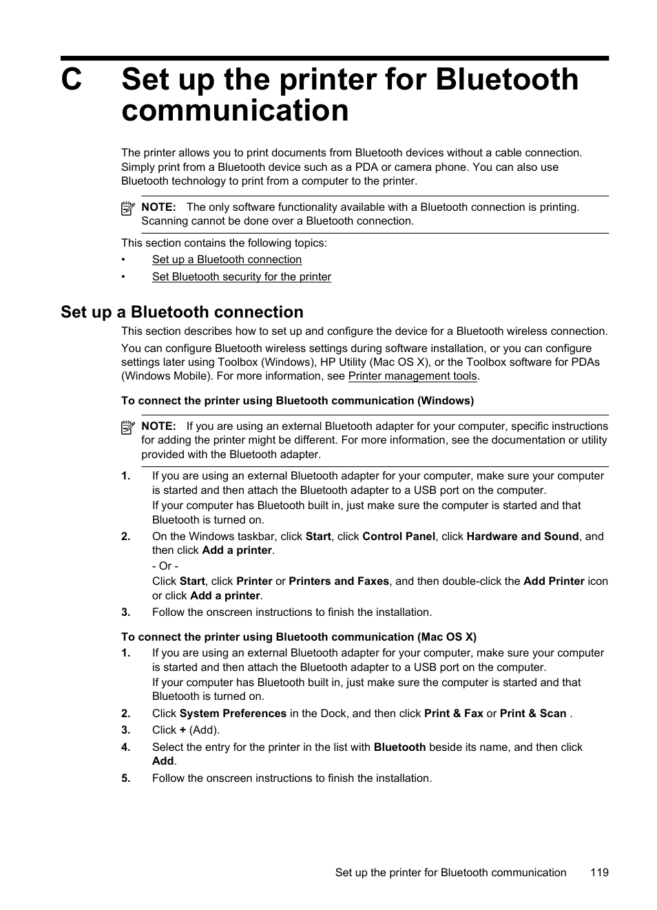 Set up the printer for bluetooth communication, Set up a bluetooth connection, Cset up the printer for bluetooth communication | HP Officejet 150 Mobile All-in-One Printer - L511a User Manual | Page 123 / 138