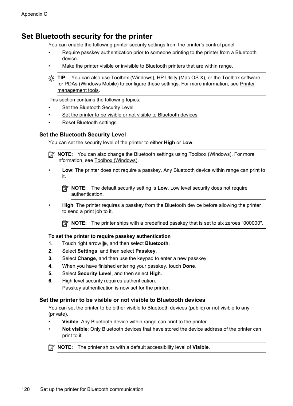 Set bluetooth security for the printer, Set the bluetooth security level | HP Officejet 150 Mobile All-in-One Printer - L511a User Manual | Page 124 / 138