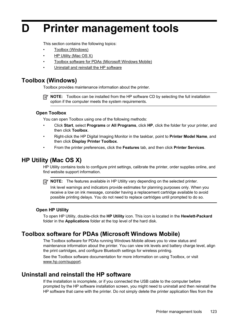 Printer management tools, Toolbox (windows), Hp utility (mac os x) | Uninstall and reinstall the hp software, Toolbox (windows). click, Hp utility (mac os x). click, Ation, see printer management tools, Dprinter management tools | HP Officejet 150 Mobile All-in-One Printer - L511a User Manual | Page 127 / 138