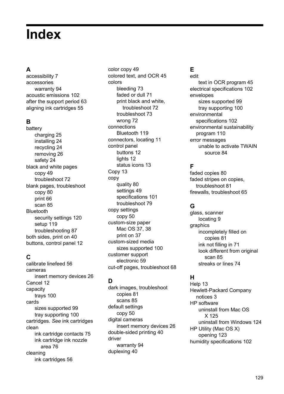 Index | HP Officejet 150 Mobile All-in-One Printer - L511a User Manual | Page 133 / 138