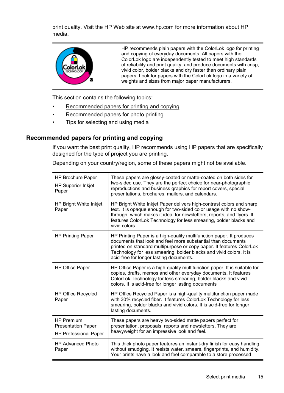 Recommended papers for printing and copying | HP Officejet 150 Mobile All-in-One Printer - L511a User Manual | Page 19 / 138