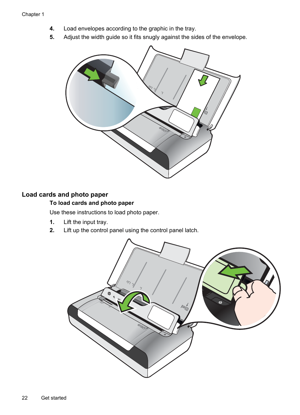 Load cards and photo paper, Chapter 1 22 get started | HP Officejet 150 Mobile All-in-One Printer - L511a User Manual | Page 26 / 138