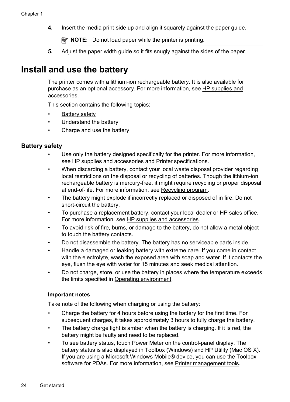 Install and use the battery, Battery safety | HP Officejet 150 Mobile All-in-One Printer - L511a User Manual | Page 28 / 138